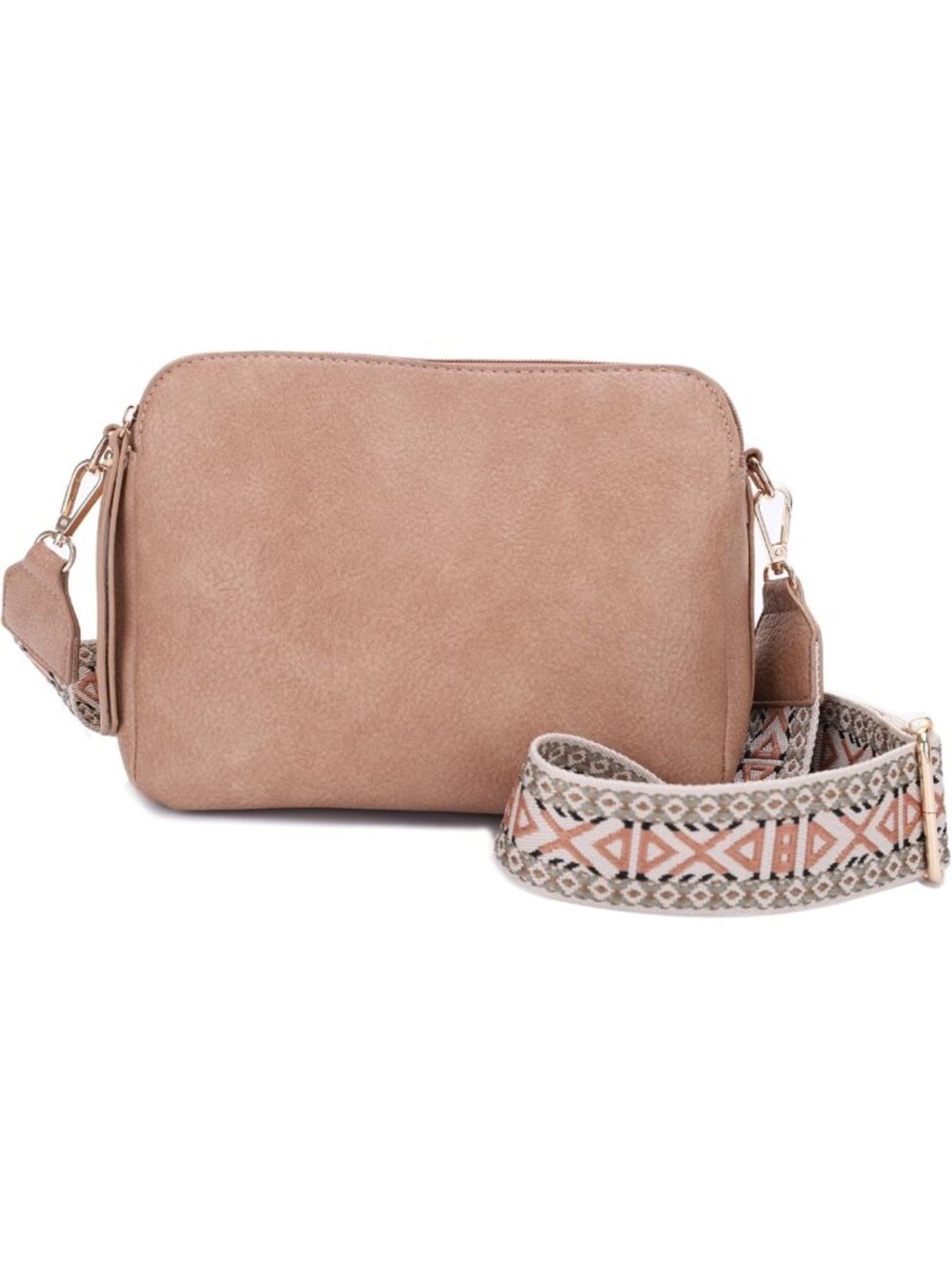 Lightweight Triple Compartment Crossbody Purse with Guitar Strap & Lock Key